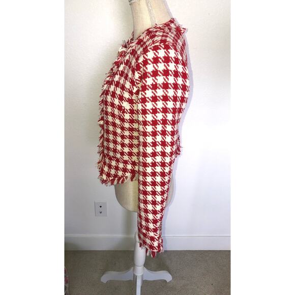 Walter Baker Red and White Picnic Tweed Houndstooth Fringe Jacket -S - Picture 4 of 6